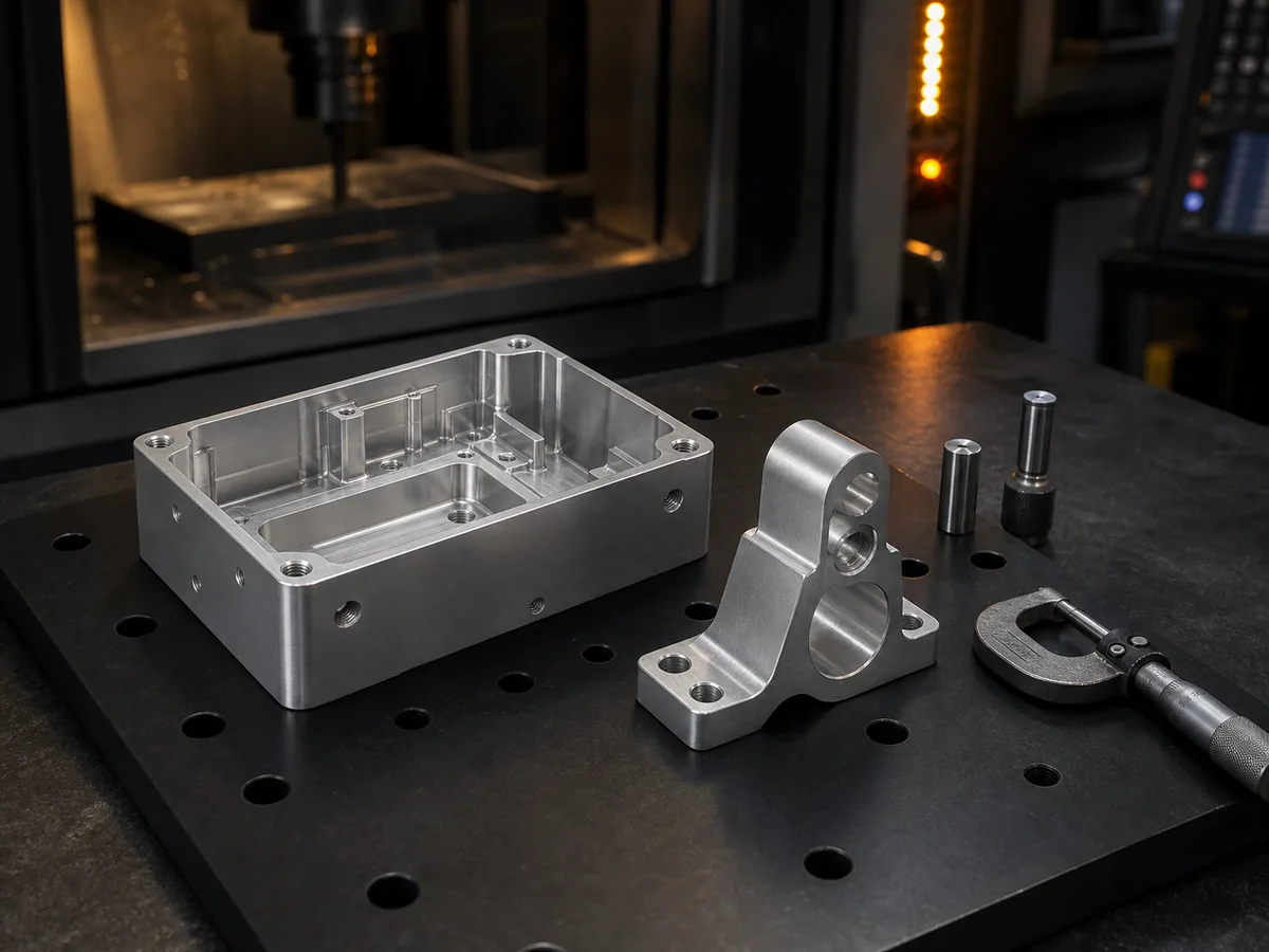 CNC machined aluminium housing and bracket ready for inspection