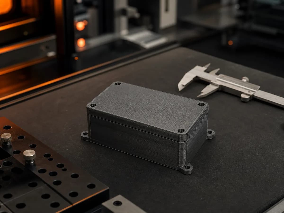 FDM printed electronics enclosure prototype on an inspection bench