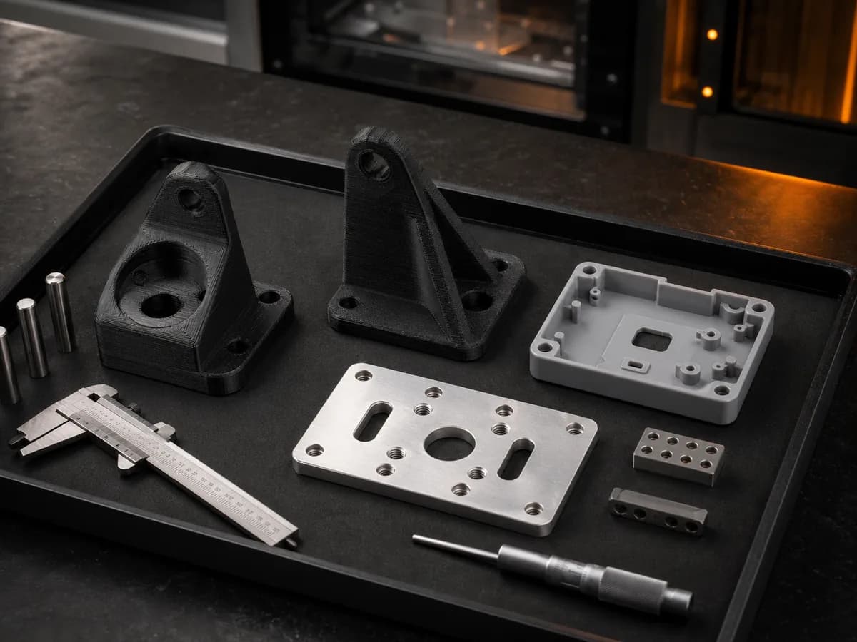 Mixed batch of printed and machined prototypes arranged for inspection
